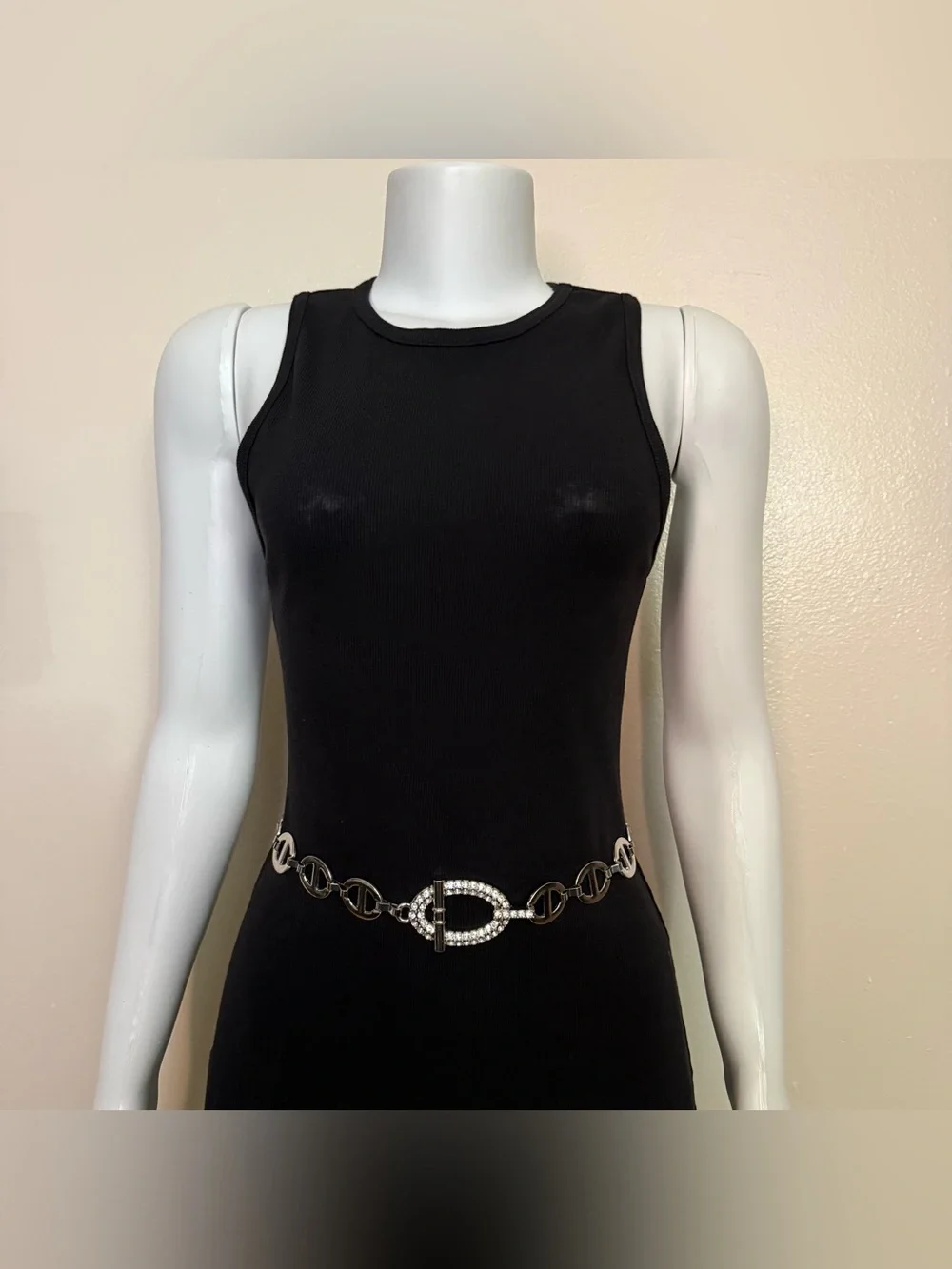 Silver tone metal chain belt with rhinestone details
